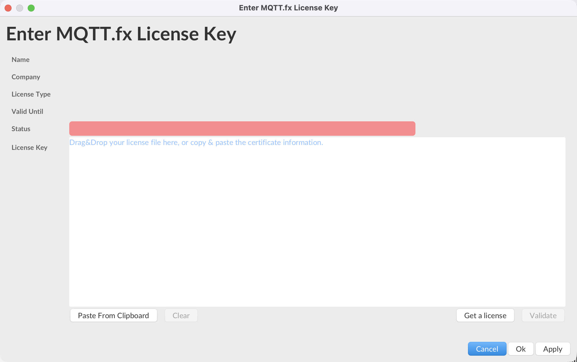 The Enter License Key dialog with the certificate drop area