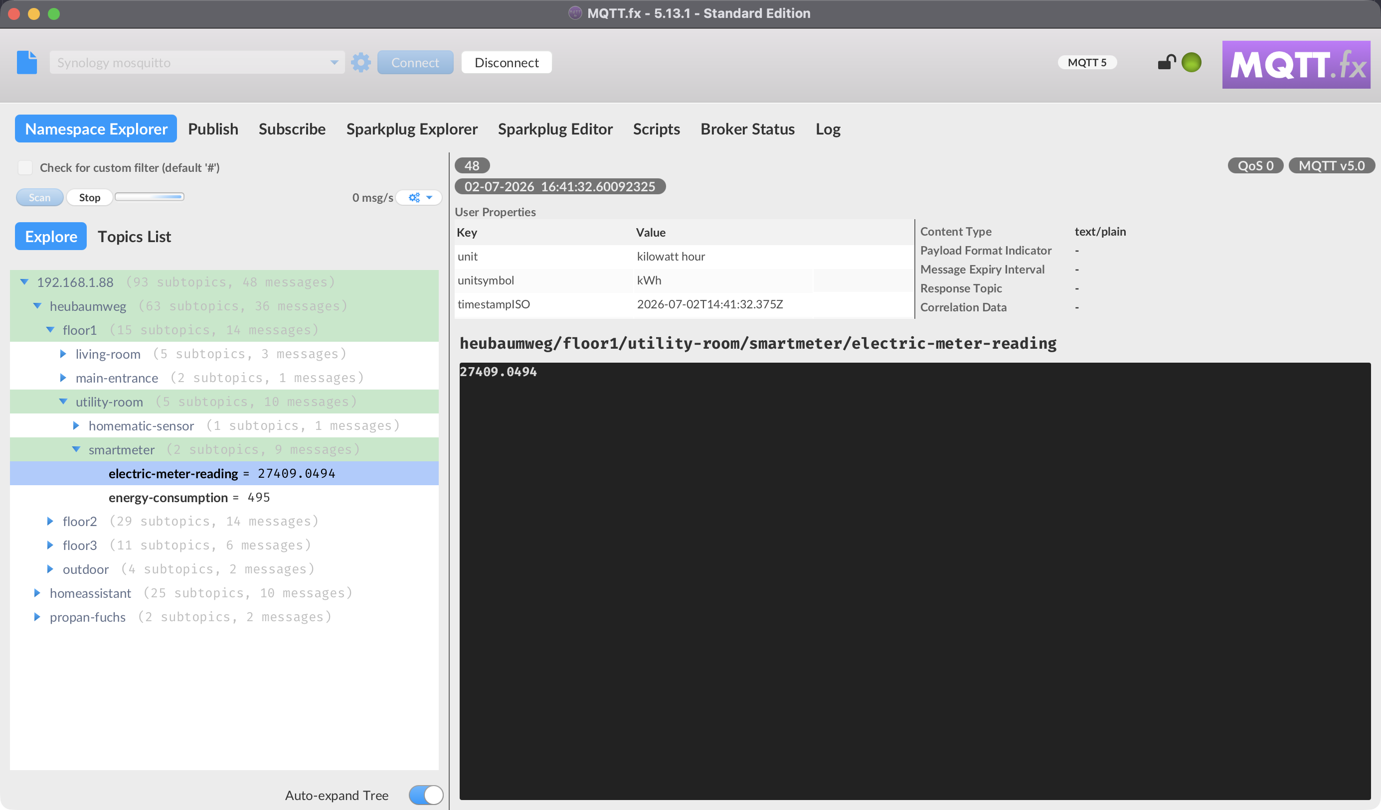 The Namespace Explorer with an expanded topic tree and a selected message's details