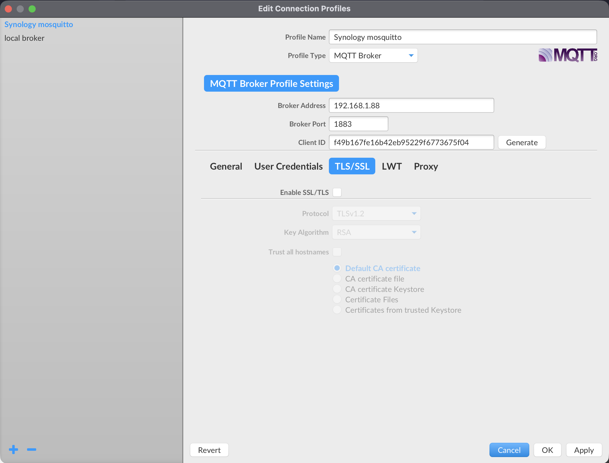 Connection profile editor showing the TLS/SSL section