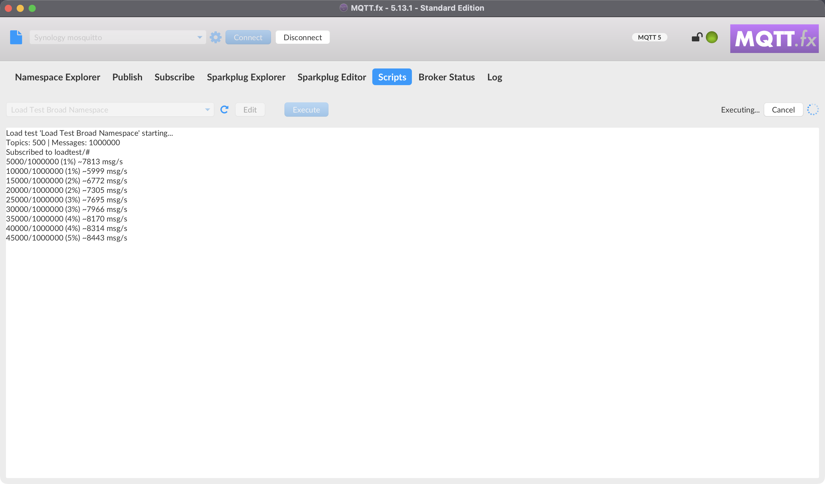 The Scripts tab running 09__Load_Test_Broad_Namespace with live progress in the console